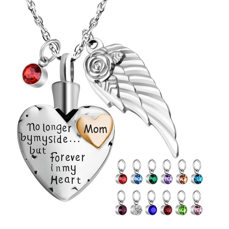 [Australia] - abooxiu Heart Cremation Urn Necklace for Ashes Jewelry Angel Wing Memorial Pendant 12 Birthstones - No Longer by My Side But Forever in My Heart - Customize Available MOM 