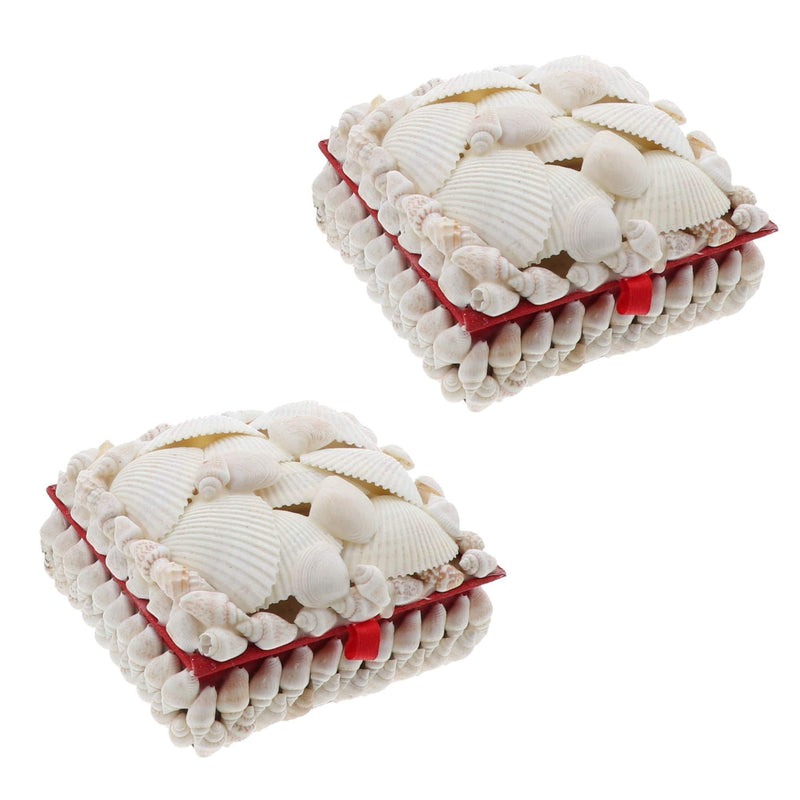 [Australia] - Li'Shay 2 Pack White Seashell Covered Jewelry Trinket Box Treasure Box - 4 Inch - Square with Red Lining Square Red Lining 
