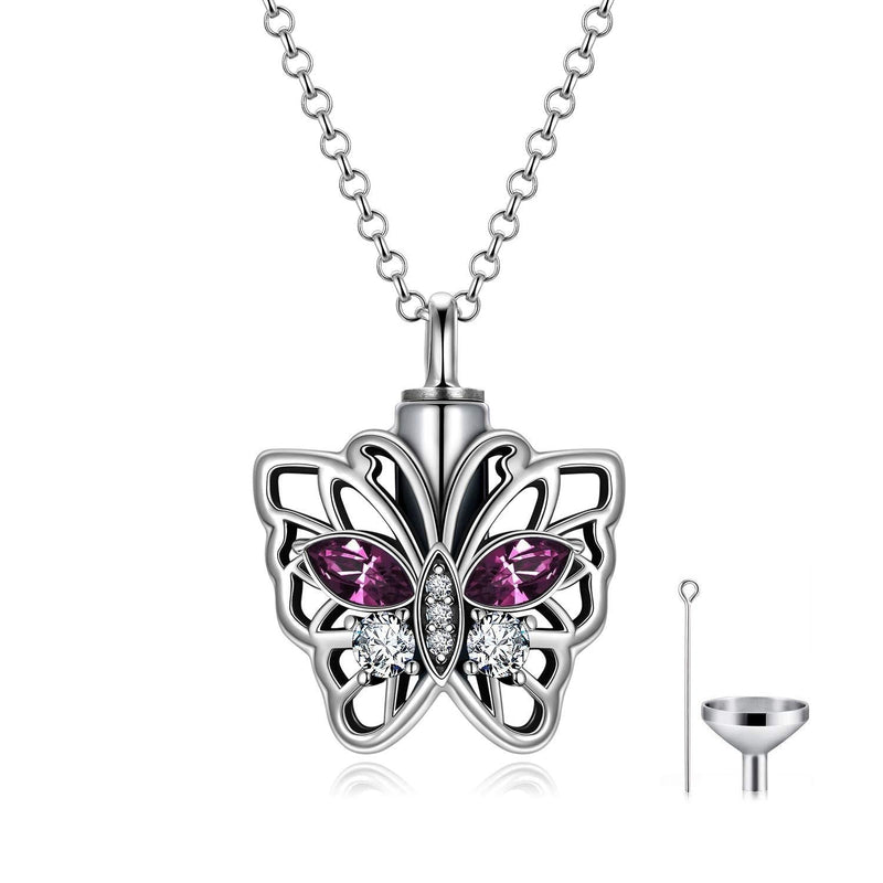 [Australia] - AOBOCO Cremation Jewelry 925 Sterling Silver Heart Flower Butterfly Urn Necklace for Ashes, Cremation Keepsake Necklace Embellished with Austrian Crystal, Women Memorial Jewelry 07_Butterfly-Simulated Amethyst 