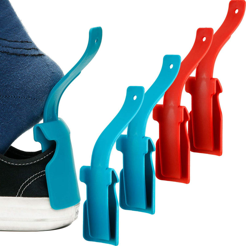 [Australia] - 4 Pieces Lazy Shoe Helper Portable Sock Shoe Slider Travel Handled Shoe Horn Shoe Lifting Wearing Helper Tool Easy on Easy Off Plastic Shoehorn One Size Fits Most Shoes All Age, Blue/Red 