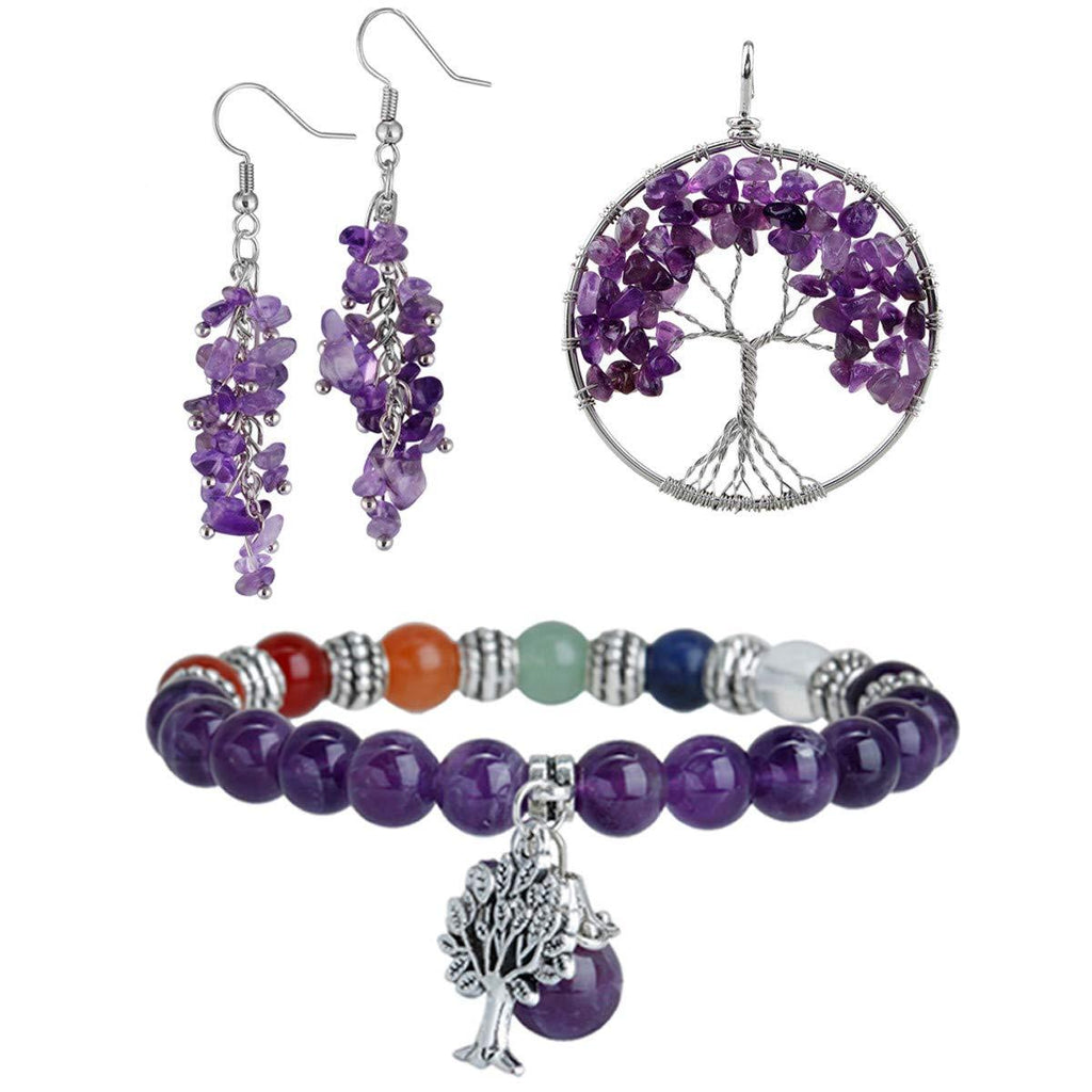 [Australia] - TUMBEELLUWA Healing Crystal 7 Chakra Good Luck Fortune Jewelry Set for Women, Tree of Life Silvery Dangle Drop Earrings, Stone Pendant Necklace, Stretchy Chakra Stone Beads Bracelet #3 Amethyst Tree of Life 