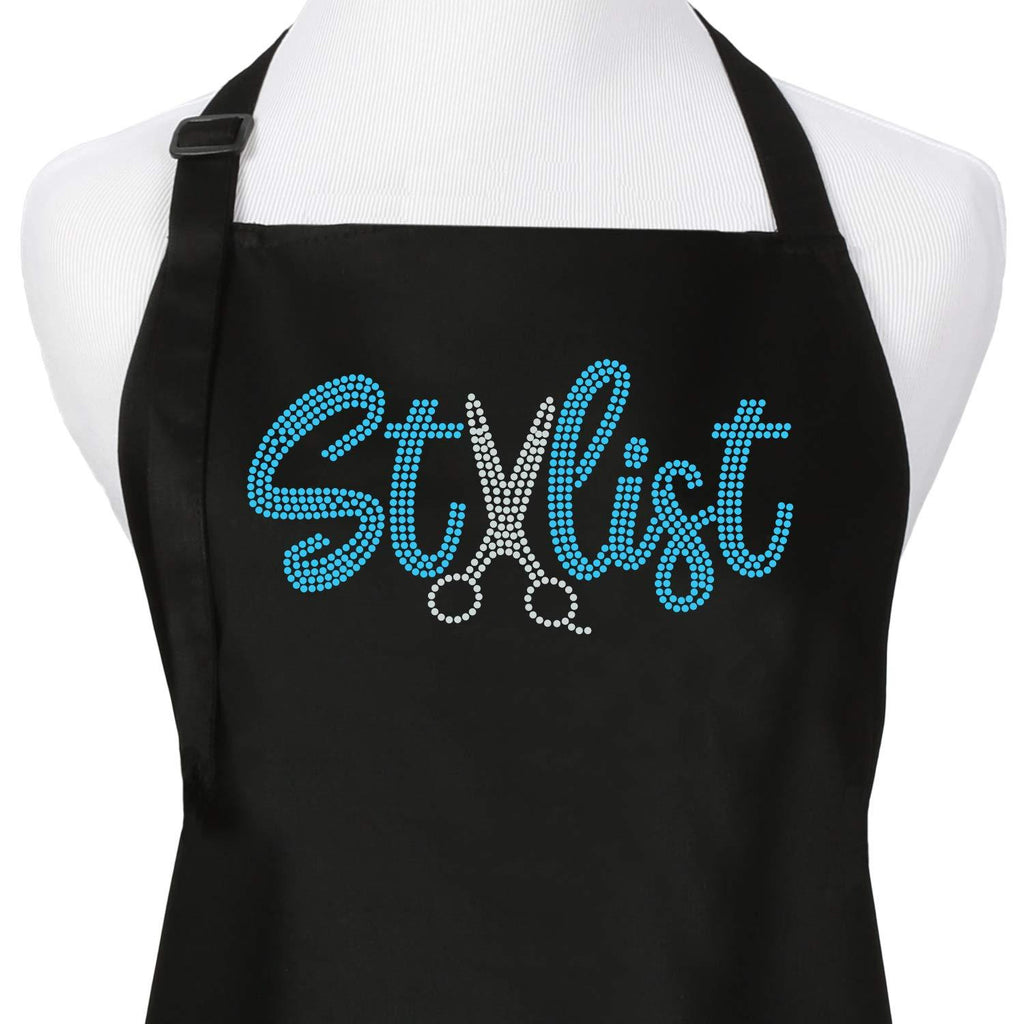 [Australia] - Black Hair Stylist Salon Bib Apron With Teal Rhinestone Scissor Design For Cosmetologist or at Home Hair Cutting, 3 Pockets Long Ties and Adjustable Neck, Teal Black 