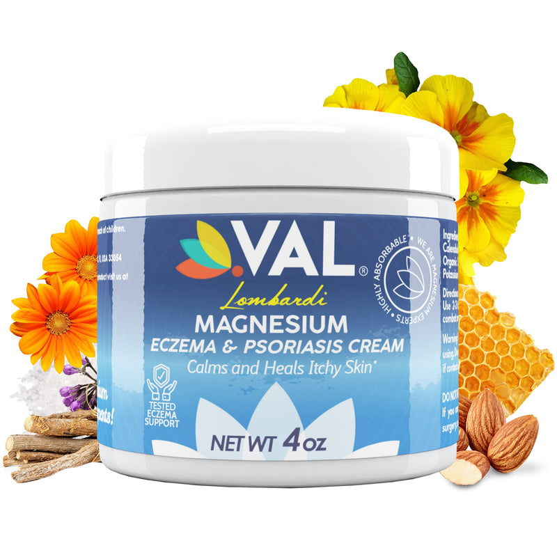 [Australia] - VAL Zechstein Magnesium Chloride Formula Eczema Psoriasis Anti Itch Cream Moisturizer for Dry Skin with Organic Oils Almond Oil Vitamin E Evening Primrose Oil Calendula Best Cream for Dry Skin 4oz 