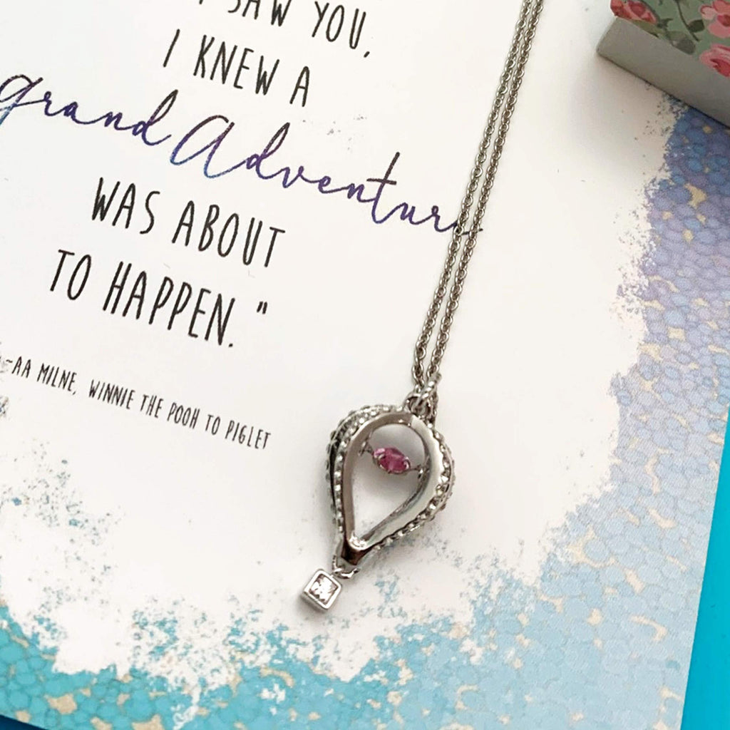 [Australia] - Smiling Wisdom - Hot Air Balloon with Dancing Pink Heart Cute Necklace Jewelry Gift Set - Pooh Quote - A Grand Adventure Was About to Happen Greeting Card - Women Friend Teen Girls - Silver Pink - New 