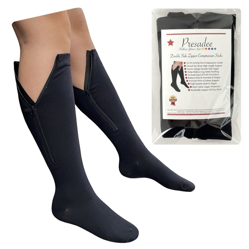[Australia] - Presadee Double Side Zipper 20-30 mmHg Firm Compression Calf Leg Closed Toe Sock (Small-Medium, Black) Small-Medium 