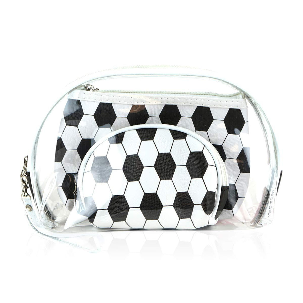 [Australia] - Multifunction Travel Cosmetic Makeup Pouch Bag - Print Toiletry Purse Metallic Zip Clutch, Striped Wristlet, Leopard (3-in-1 Pouch Set - Round Clear & Soccer) 3-in-1 Pouch Set - Round Clear & Soccer 