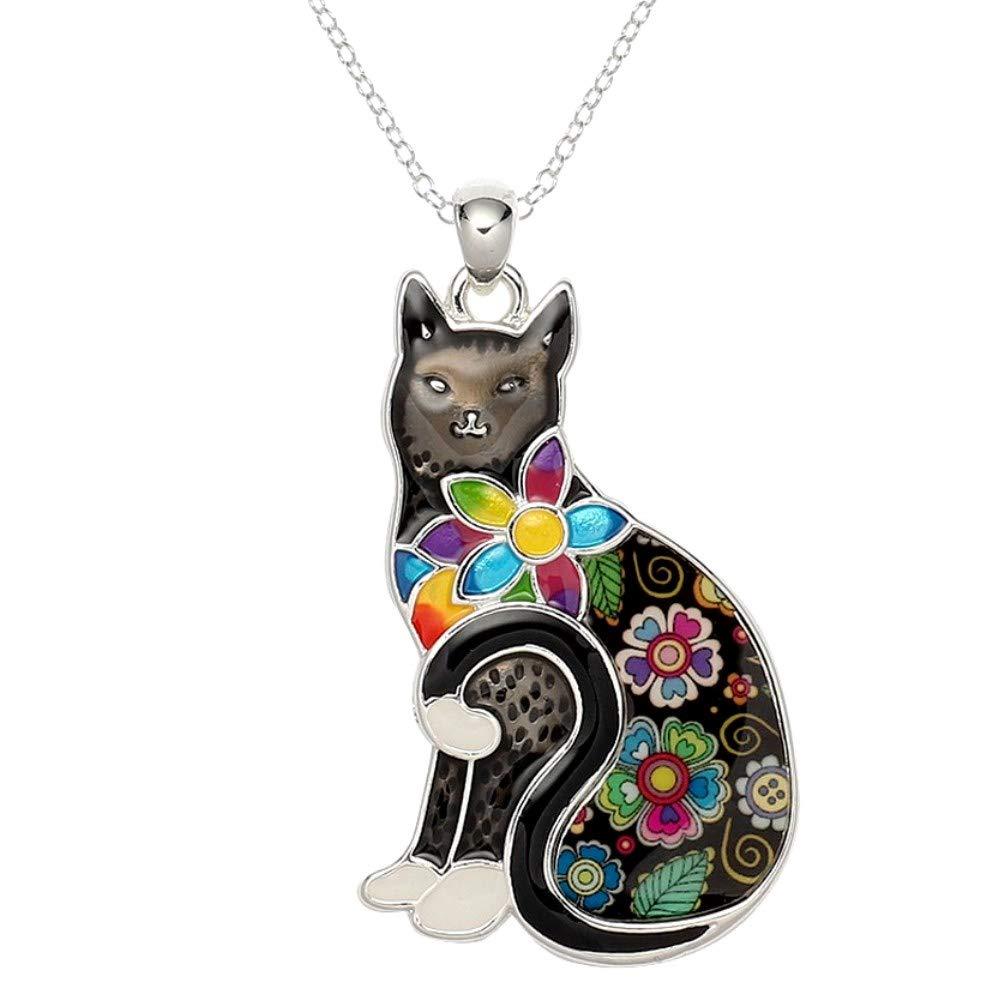 [Australia] - DianaL Boutique Black Kitty Cat Pendant Necklace Flower Accent with Gift Box 