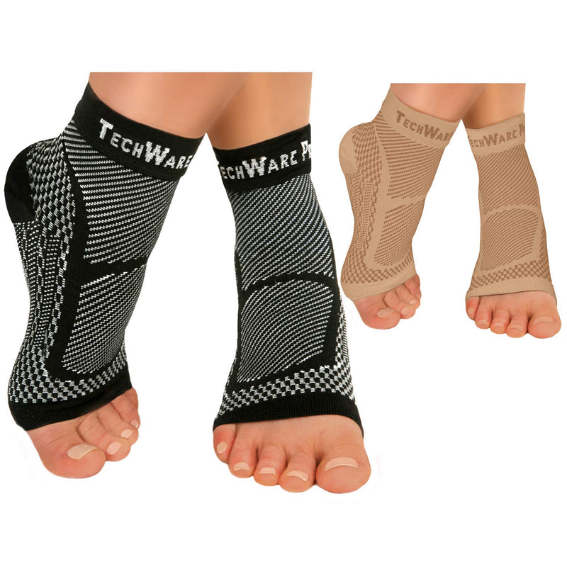 [Australia] - TechWare Pro Ankle Brace Compression Sleeve - Relieves Achilles Tendonitis, Joint Pain. Plantar Fasciitis Sock with Foot Arch Support. 2 Pair Bundle Black & Beige S/M Size 