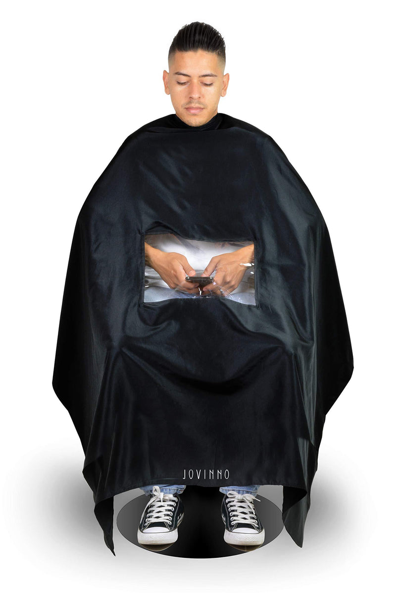 [Australia] - Jovinno - Large Size Premium Quality Black Hair Cutting Barber/Salon Window Cape Soft Gown Apron With Mobile Phone Viewing Window, Metal Snap Neck Closure, Hanging Hook Static Free (Bottom Logo) Bottom Logo 