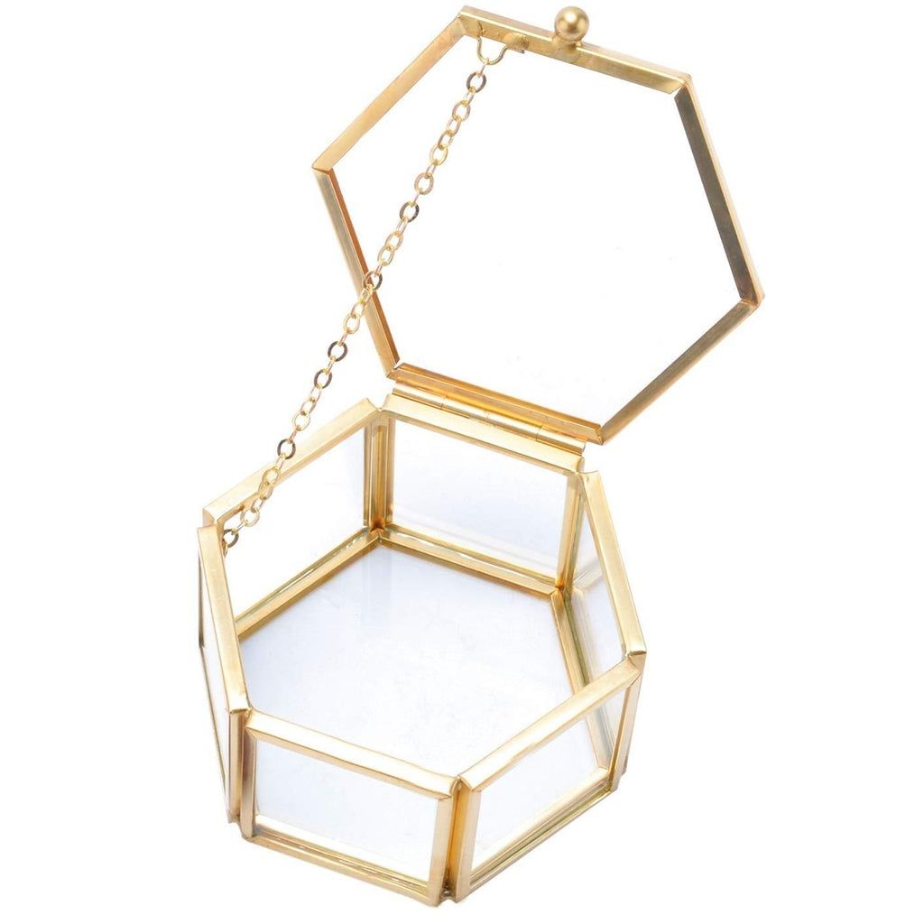 [Australia] - HighFree Copper Glass Vintage Ring Box, Hexagon Golden Geometric Jewelry Organizer, Bracelet Ring Display Small Box for Storage Trinket, Ring, Earring, 3.15x2.7x1.85 inch Small - 3.15x2.7x1.85 inch 