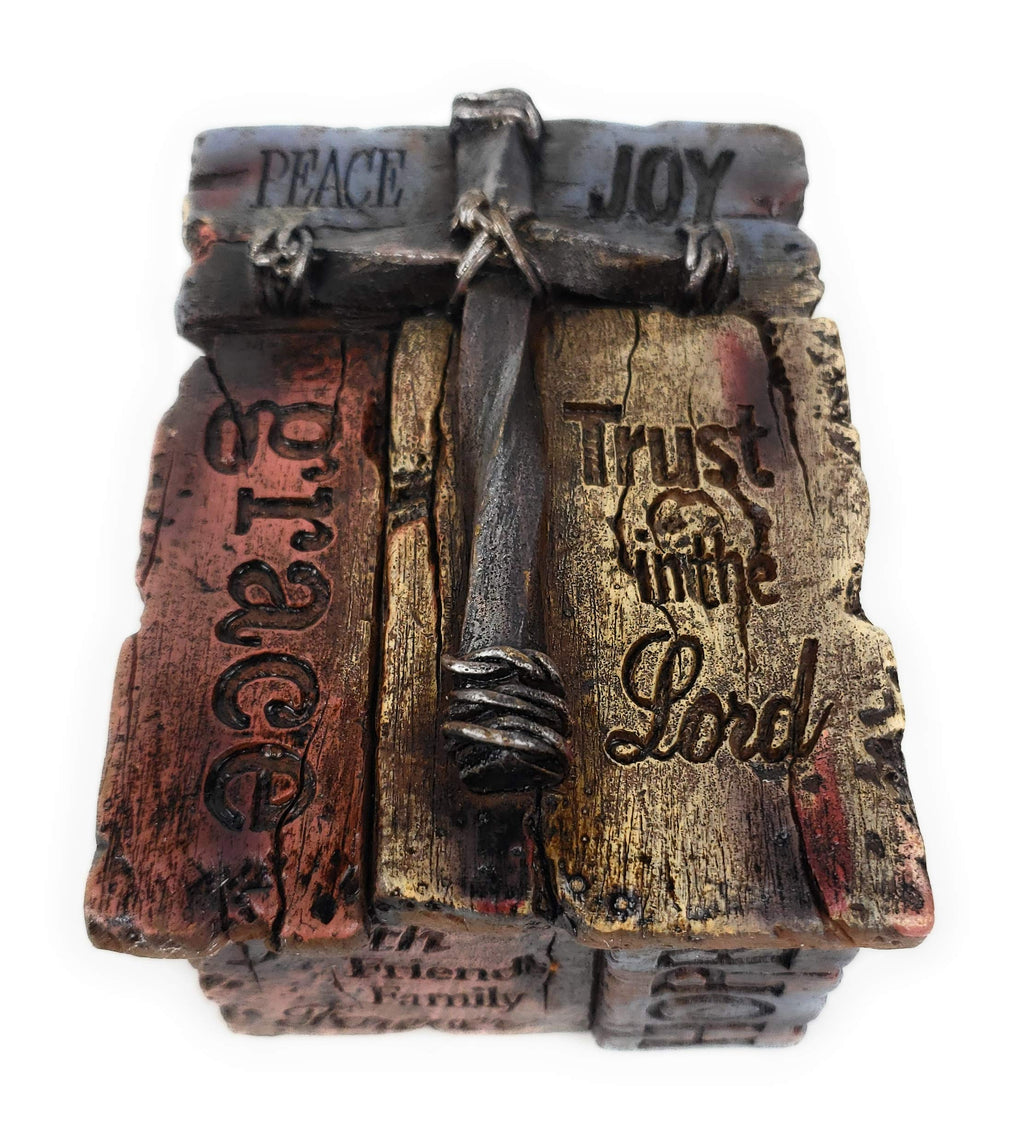 [Australia] - Rustic Trinket Jewelry Box with Inspirational Sayings, Realistic Faux Wood & Iron Cross 