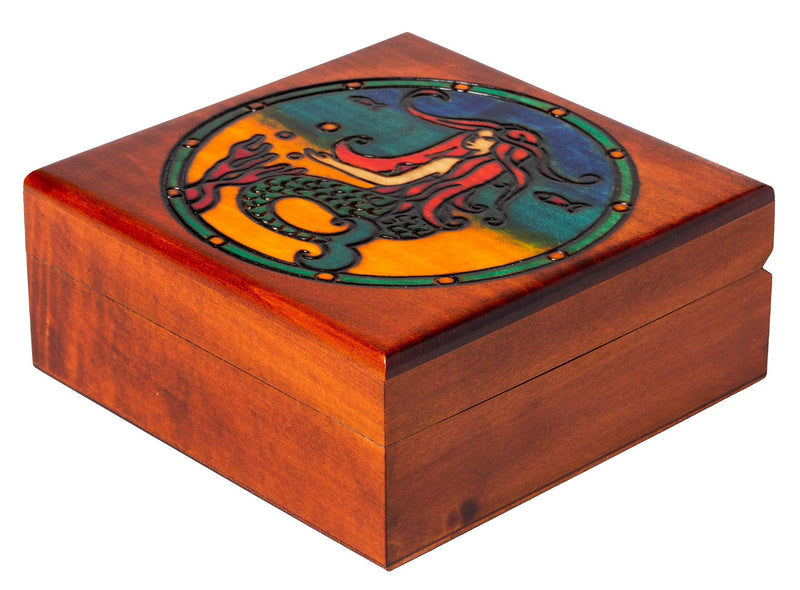 [Australia] - Artisan Owl Polish Handmade Siren Mermaid 6" Wooden Box with Red Interior, Perfect for Keepsakes and Special Items 