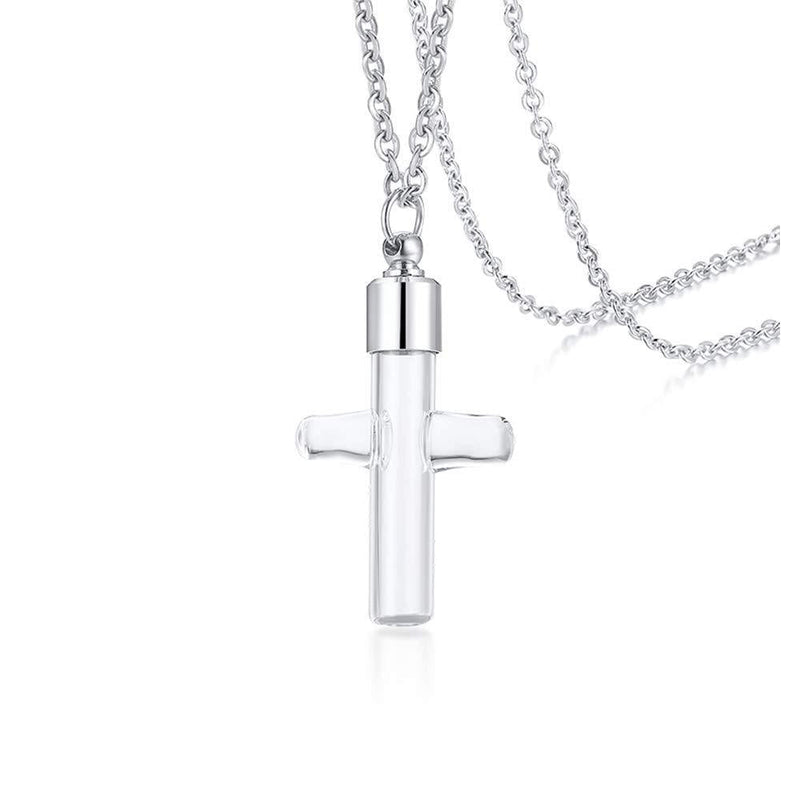 [Australia] - Rockyu Glass Cross Urn Necklaces for Ashes for Men Silver Stainless Steel Chain 24 Inch Glass Cross Pendant Openable Cremation Jewelry for Human Pets Ashes Holder 
