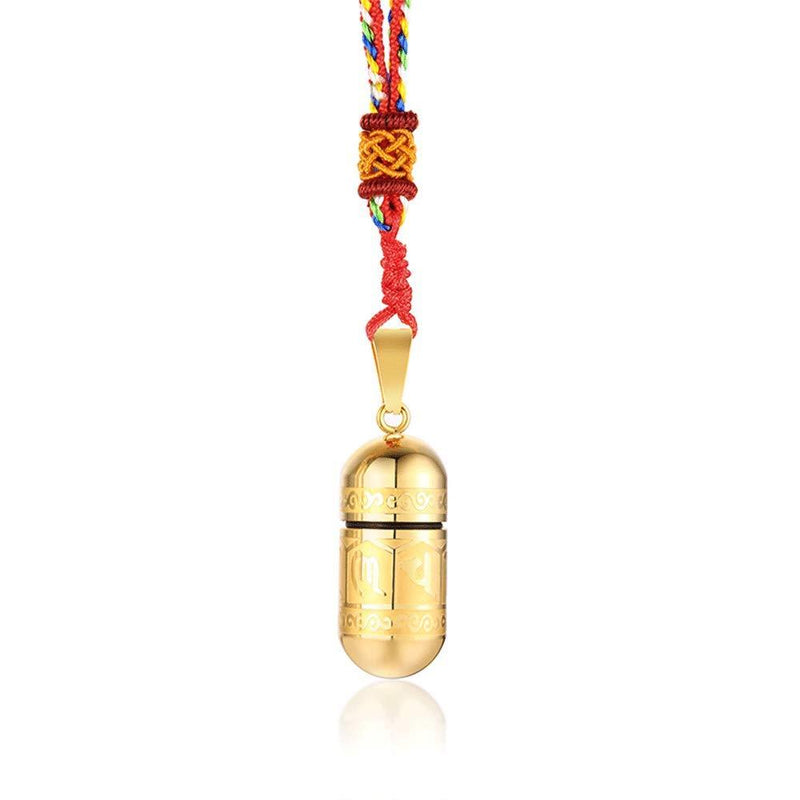 [Australia] - Rockyu Ashes Necklace for Men Religious Jewelry Buddhism Openable Small Cylinder Pendant Engraved Buddhism Mantra Sanskrit Cremation Urn Jewelry Long Braided Rope Chain 28 Inch Gold 