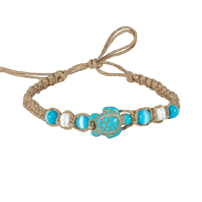 [Australia] - BlueRica Hemp Anklet Bracelet with Turquoise Sea Turtle, Blue Cat's Eye Beads and Puka Shell Beads 