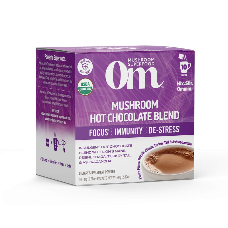 [Australia] - Om Mushroom Superfood Hot Chocolate Blend Mushroom Powder, Single Serve, 10 Count, Dutch Cocoa, 2g of Sugar, 25 Calories, Lion's Mane, Reishi, Chaga, Turkey Tail, Focus and Stress Support 10 Servings 