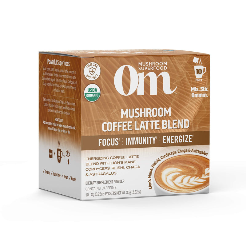 [Australia] - Om Mushroom Superfood Coffee Latte Blend Mushroom Powder, Single Serve, 10 Count, Lion's Mane, Cordyceps, Reishi, Chaga, Energy & Mental Clarity Support Supplement 10 Servings 