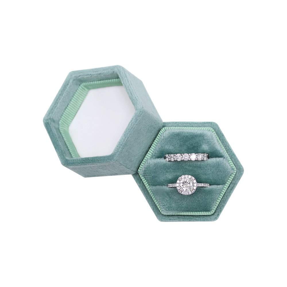 [Australia] - Hexagon Velvet Double Slots Ring Heirlooms Box Engagement Ring Box (Green) Green 