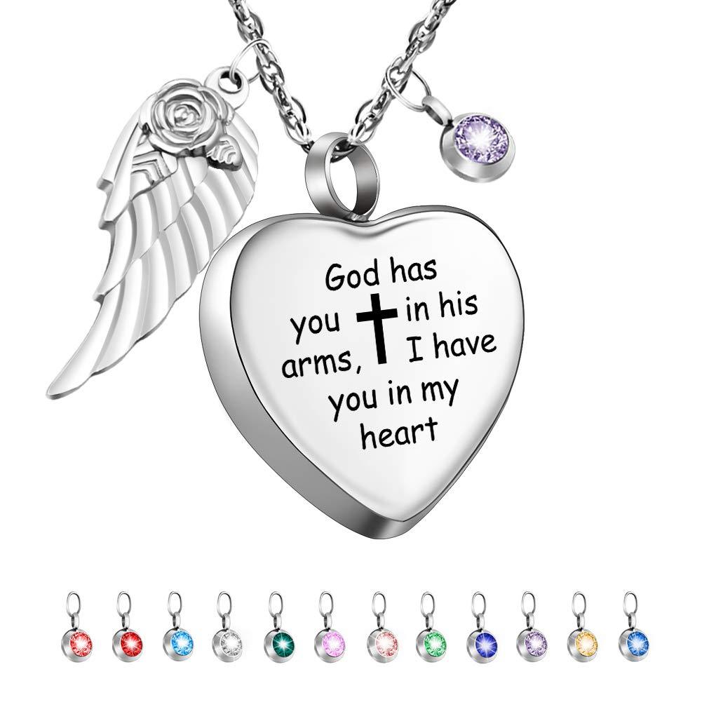 [Australia] - Dletay Heart Cremation Necklace for Ashes Angel Wing Urn Necklace with 12 PCS Birthstones-God Has You in His Arms, I Have You in My Heart God has you in his arm 