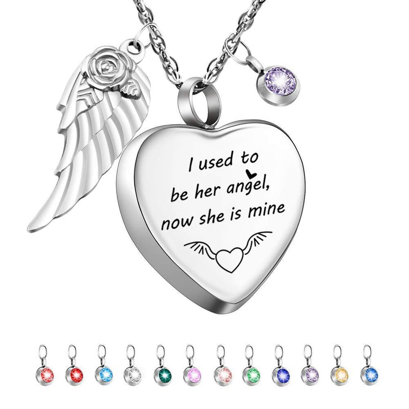 [Australia] - Dletay Heart Cremation Necklace for Ashes Angel Wing Urn Necklace with 12 PCS Birthstones-I Used to be His Angel, Now He/She is Mine I used to be her Angel 