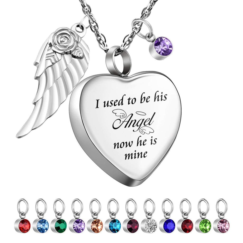 [Australia] - Dletay Heart Cremation Necklace for Ashes Angel Wing Urn Necklace with 12 PCS Birthstones-I Used to be His Angel, Now He/She is Mine I used to be his Angel 