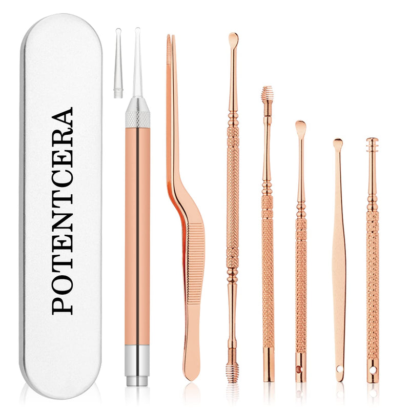 [Australia] - POTENTCERA 9Pcs Earwax Removal Tool, Earwax Removal Kit, Premium Ear Wax Remover for Kids Adults, Upgraded Stainless Ear Pick Set with Light, Rose Gold Spring Ear Wax Cleaner Tool Set 