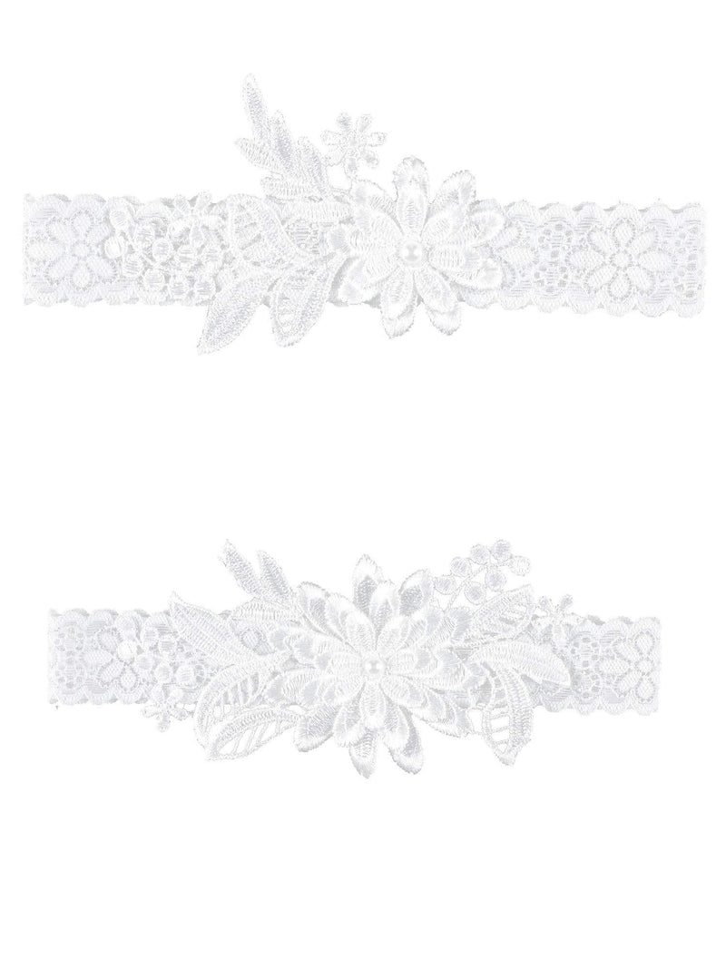 [Australia] - 2 Pieces Wedding Garters Daisy Lace Bridal Garter Hand Sewn Faux Pearls Garter for Bride Milk White 