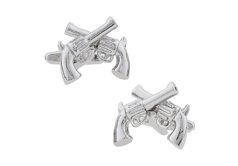 [Australia] - MRCUFF Pistols Handguns Crossed Dueling 6 Shooters Gun Pair Cufflinks in a Presentation Gift Box & Polishing Cloth 