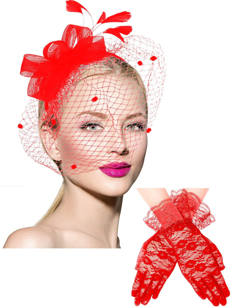 [Australia] - Bowknot Fascinator Hat Feathers Veil Mesh Headband and Short Lace Gloves Floral Lace Gloves Red 