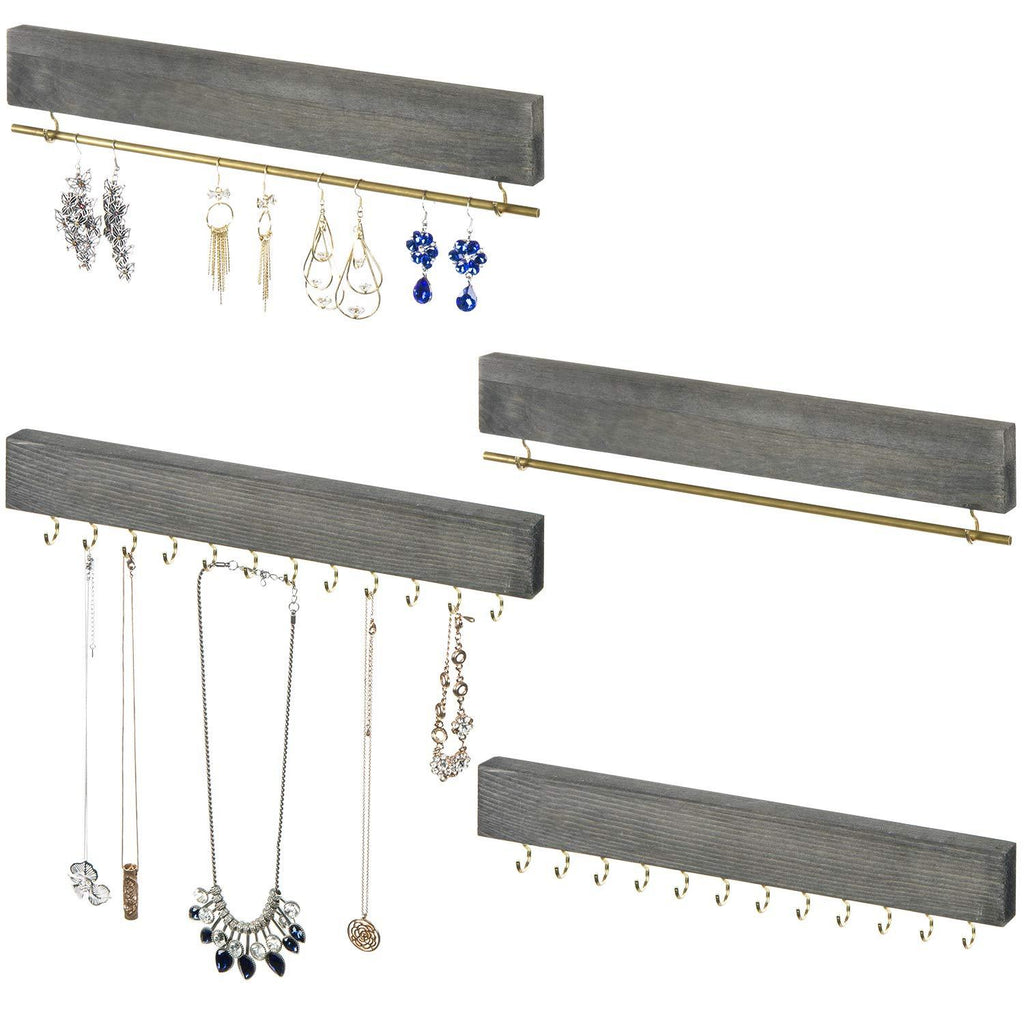 [Australia] - MyGift 4-Piece Wall Mounted Rustic Gray Wood Necklace, Bracelet & Earring Jewelry Storage Rack Set 
