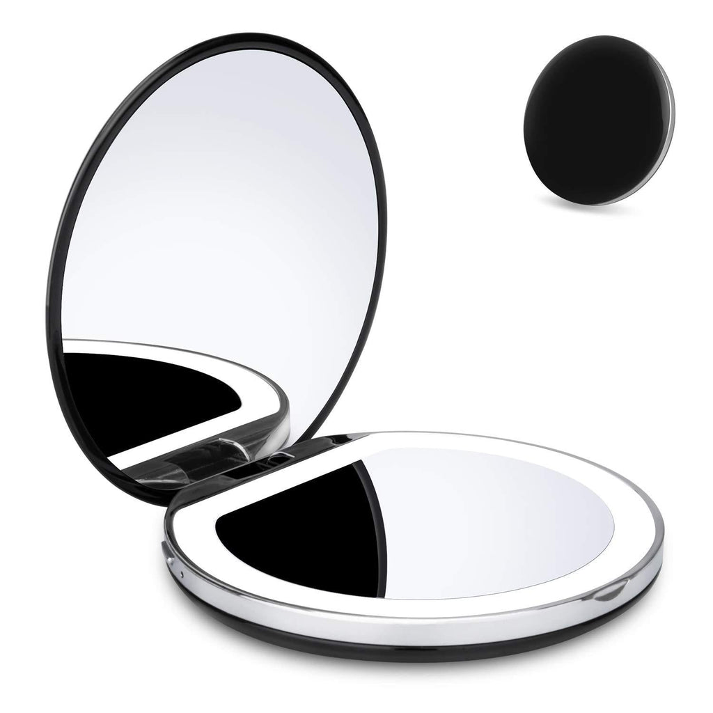 [Australia] - YUSONG Pocket Mirror for Women, Portable Lighted Travel Makeup Mirror, Led Compact Mirror, Small Magnifying Mirror with Light Folding Rechargeable（Black） Black 