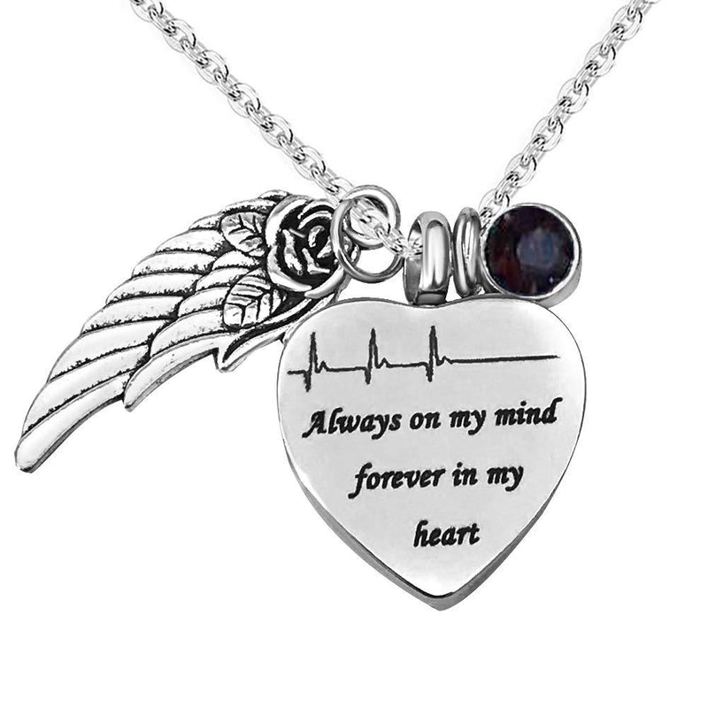 [Australia] - JMQJewelry Urn Necklaces for Ashes Heartbeat Forever in My Heart Angel Wing Cremation Jewelry Keepsake Memorial Jan-Dec Birthstone Crystal Feb 