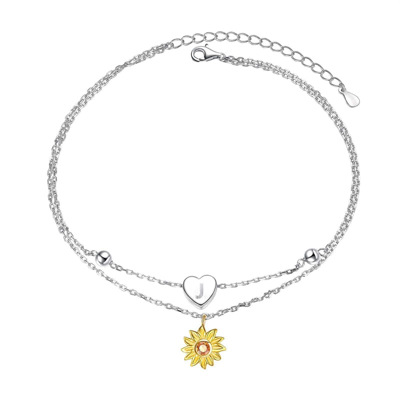 [Australia] - Sterling Silver Layered Chain Alphabet Letter Initial with Sunflower Beads Foot Bracelet Anklet for Women J 