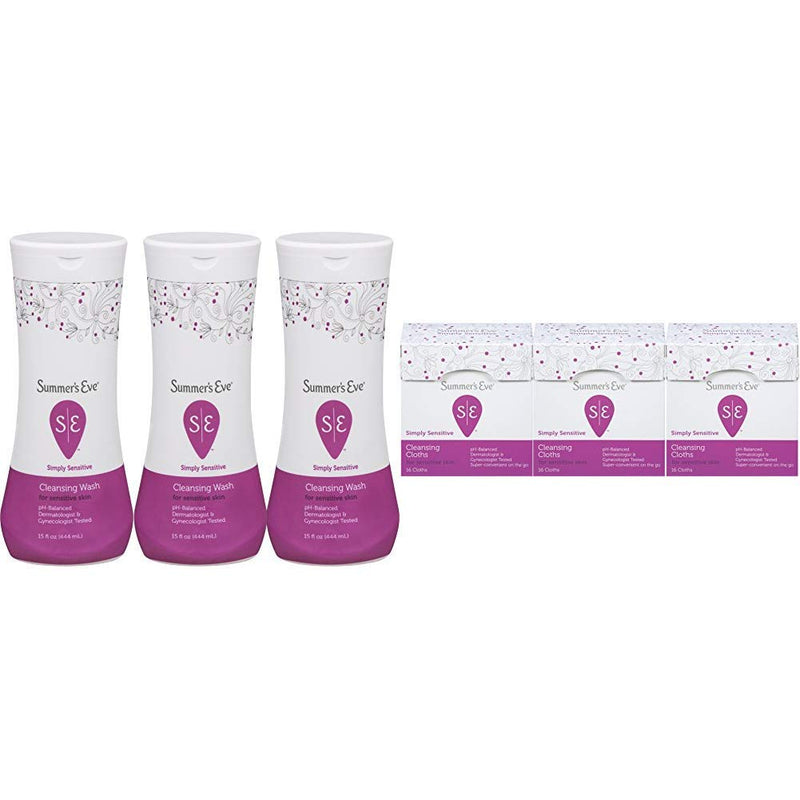 [Australia] - Summer's Eve Simply Sensitive 6 Pack Set (Three 15 oz Washes and Three 16 Count Cleansing Cloths) Wash & Wipe Bundle 