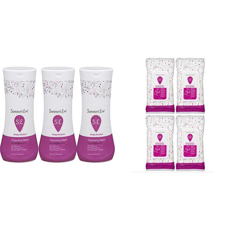 [Australia] - Summer's Eve Cleansing Wash | Simply Sensitive | 15 Ounce | Pack of 3 | pH-Balanced | Dermatologist w/Cleansing Cloths | Simply Sensitive |32 Count | Pack of 4 | pH-Balanced | Dermatologist 