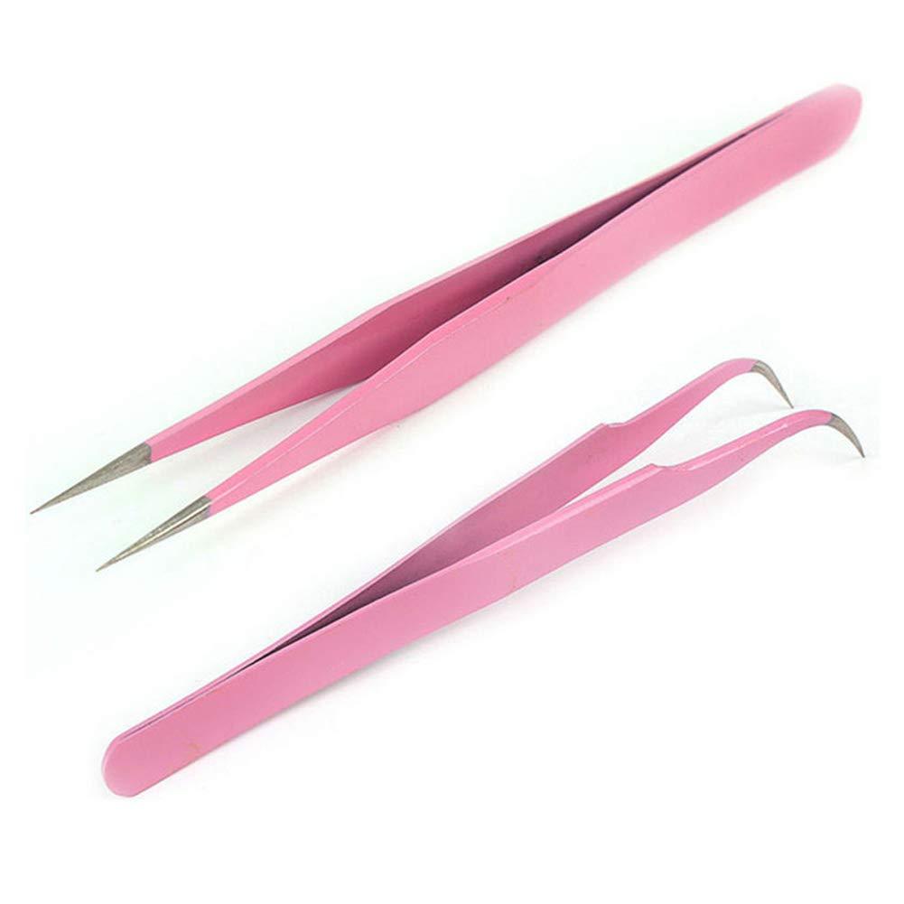 [Australia] - ORIONE 2 Pcs Pink Stainless Steel Tweezers For Eyelash Extensions, Straight And Curved Tip Tweezers Nippers, False Lash Application Tools 