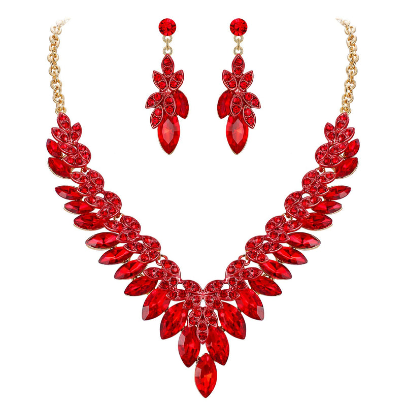 [Australia] - Flyonce Women's Marquise-Shape Crystal Floral Leaf Cluster Necklace Earrings Set for Wedding Bridal Red Gold-Tone 