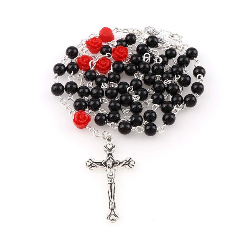 [Australia] - Rosary Beads Catholic, Confirmation Gifts for Teenage Girl, Rosary Necklace, Artificial Pearls and Polymer Clay Rose Necklace Jewelry, Silver Alloy Cross Necklace for Women, YWLI Black 