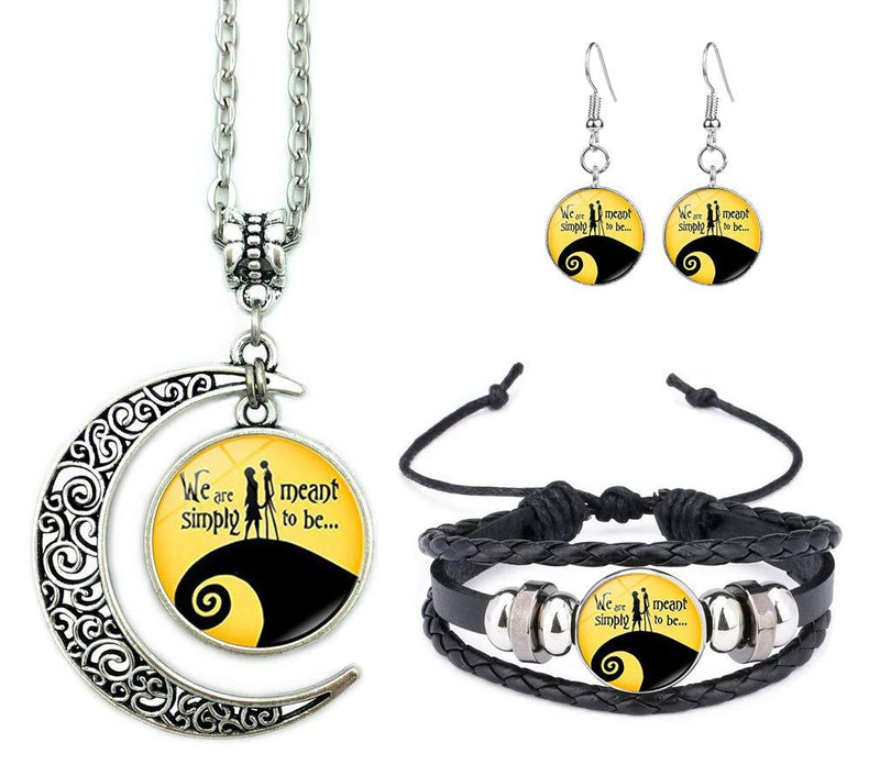 [Australia] - Jack and Sally Nightmare Before Christmas Moon Pendant Necklace, Earrings, Bracelet, Charms Gift (D) D 