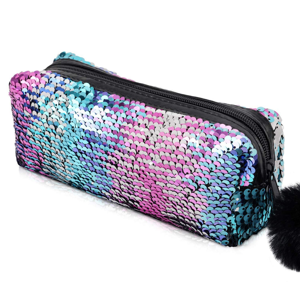 [Australia] - Glitter Cosmetic Bag Mermaid Spiral Reversible Sequins Portable Double Color Students Pencil Case for Girls Women Handbag Purse Make Up Pouch with Pompon Zip Closure(Pink Blue Mixed with Silver) 