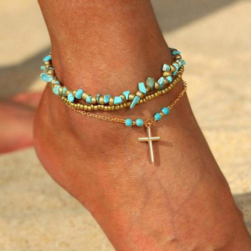 [Australia] - Aukmla Boho Layered Turquoise Anklets Chain Gold Beach Cross Pendent Foot Bracelets Jewelry for Women and Girls (Pack of 3) 