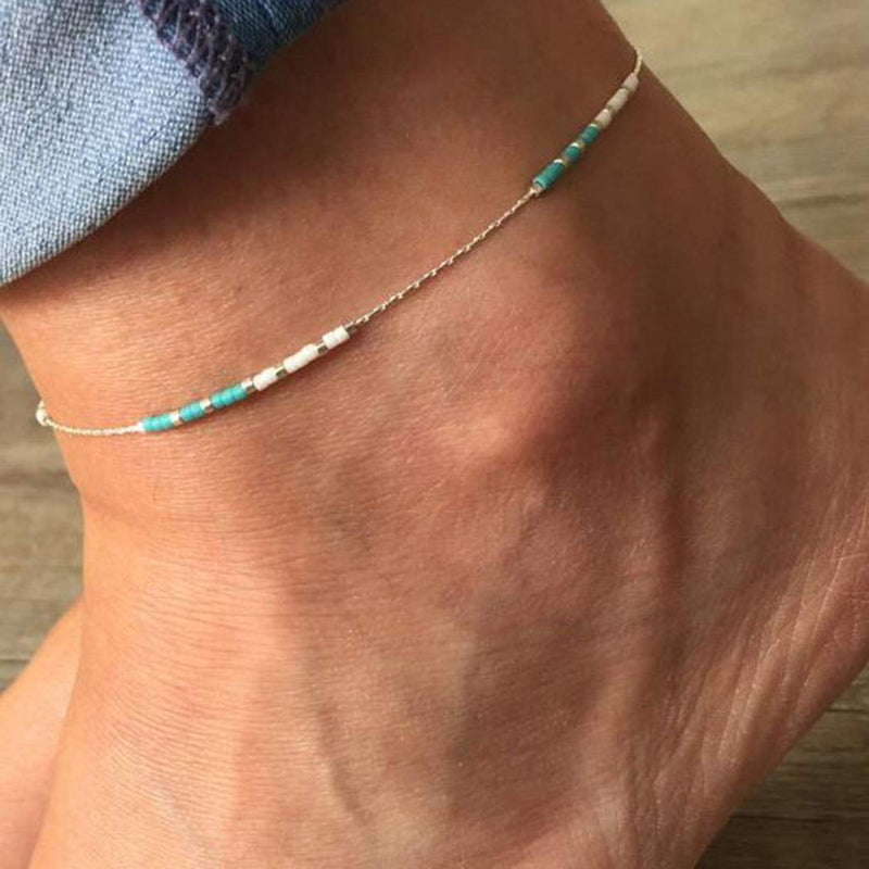 [Australia] - Aukmla Boho Turquoise Anklets Chain Silver Beach Bead Foot Bracelets Jewelry for Women and Girls 