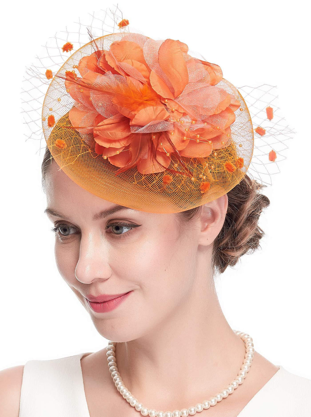 [Australia] - Fascinators Hats for Womens 50s Headwear with Veil Flower Cocktail Wedding Tea Party Church Derby Hat 1-4-orange 