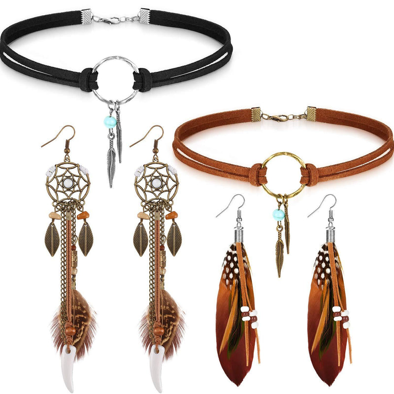 [Australia] - Native American Jewelry Set for Women Girls, 2 Pieces Faux Suede Choker Necklace Faux Leather Choker and 2 Pairs Bohemian Artificial Feather Earrings Boho Dream Catcher Earring Western Jewelry Set 