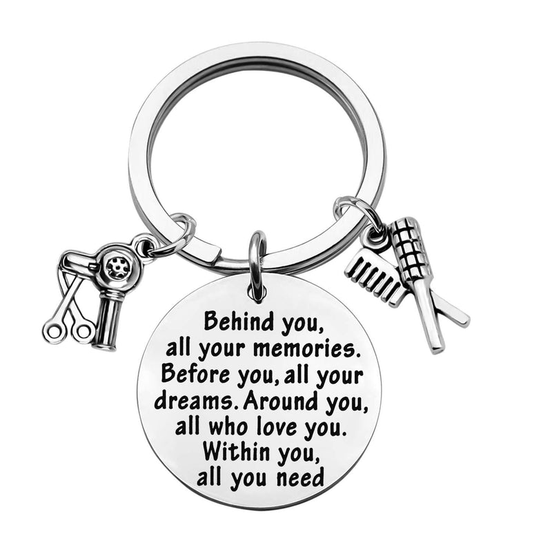 [Australia] - FEELMEM Hair Stylist Gift Cosmetology Graduation Gift Behind You All Memories Before You All Your Dream Keychain Inspirational Hairdresser Jewelry Hair Cutter Barber Gift Hair Stylist keychain 