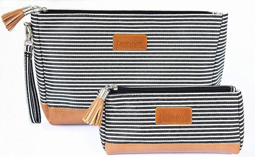 [Australia] - Large Travel Makeup Bag with Small Cosmetic Pouch for Purse, Makeup Clutch and Toiletries Organizer for Women (Black and White Stripe) Black and White Stripe 