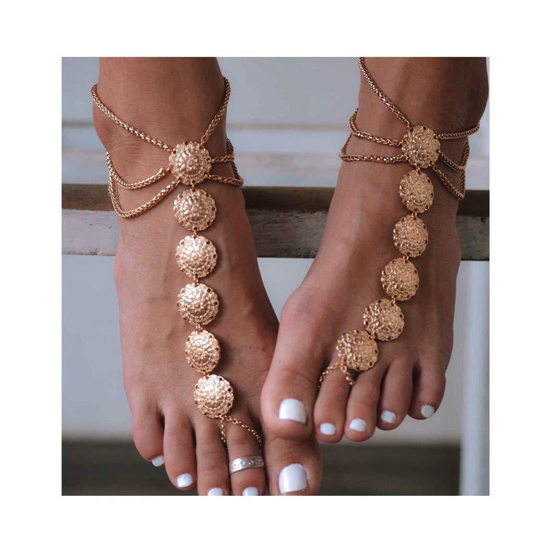 [Australia] - Campsis Boho Layered Coin Anklet Gold Floral Ankle Bracelets Barefoot Sandals Beach Foot Chain Jewelry for Women and Girls 