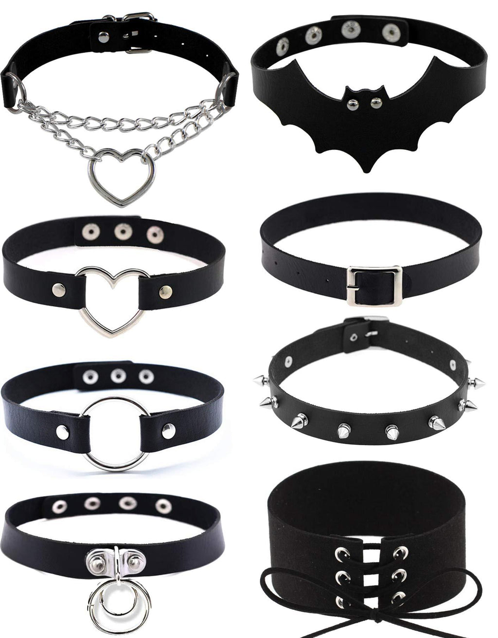 [Australia] - SOOWOOT 8 Pieces PU Leather Choker Necklace Goth Spiked Rivets Punk Collar Necklace Adjustable Pu Leather Studded Love Heart Collar Choker Collar Set A:Black 