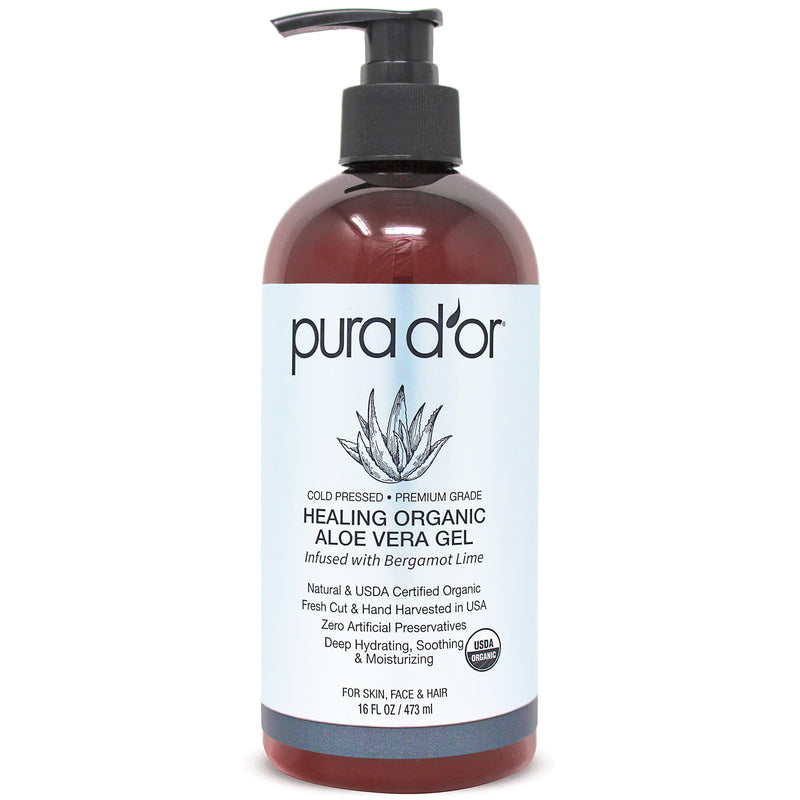 [Australia] - PURA D'OR Organic Aloe Vera Gel Bergamot Lime (16oz) All Natural - ZERO Artificial Preservatives - Deeply Hydrating & Moisturizing - Sunburn, Bug Bites, Rashes, Small Cuts, Eczema Relief - Skin & Hair 