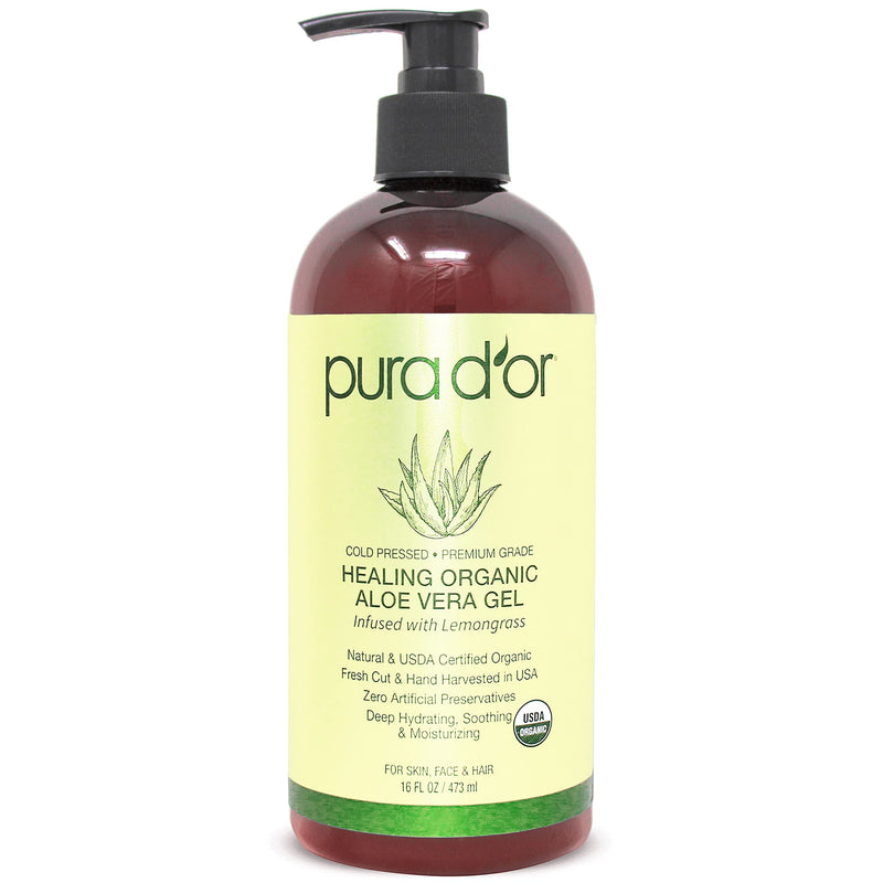 [Australia] - PURA D'OR Organic Aloe Vera Gel Lemongrass (16oz) All Natural - ZERO Artificial Preservatives - Deeply Hydrating & Moisturizing - Sunburn, Bug Bites, Rashes, Small Cuts, Eczema Relief - Skin & Hair 
